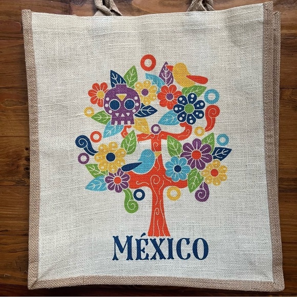 Mexico Jute Tote Bag‎ – Colorful Otomi-Inspired Tree Design - Picture 2 of 15